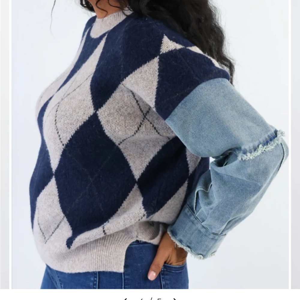 J.O.A. Navy and Beige Argyle Sweater with Denim Sleeves
